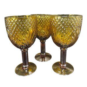 Vintage Embossed Amber Diamond Palm Leaf Glass Goblets 16oz Set 3 BarWare Cups